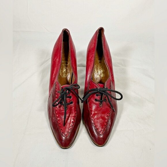Vintage Burgundy Leather Lace Up Witchy Oxford Spike Heel Shoes~10~ - Picture 3 of 7